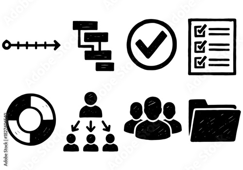 Hand drawn business icons set: checklist, workflow, teamwork, folder, chart, approval