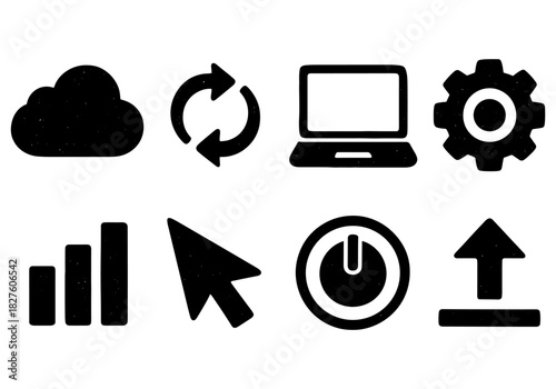 Set of grunge icons: technology and data management symbols