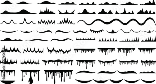 Collection of black silhouette drip and wave borders for graphic design