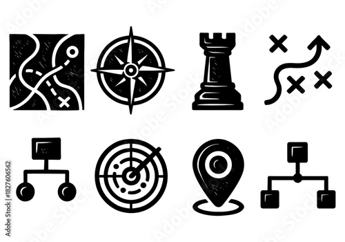 Strategy icons set: maps, compass, rook, tactics, schemes, radar