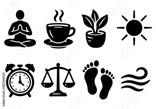 Simple icons: meditation, coffee, nature, sun, alarm, balance, relaxation, wind