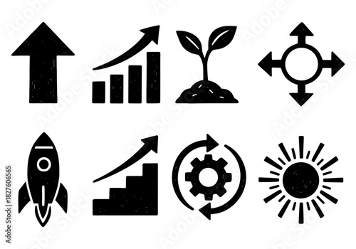 Dynamic growth icons set: arrow, graph, plant, rocket, gear, sun