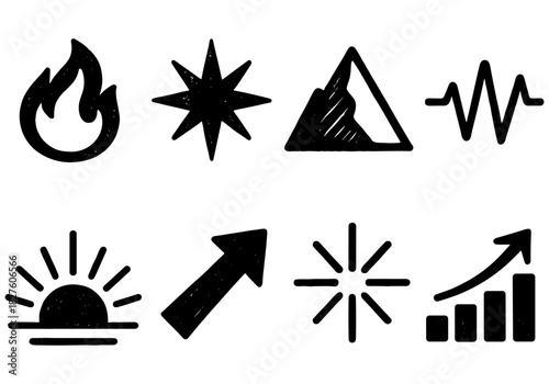 Hand-drawn symbol collection featuring fire, mountain, arrow, and sunburst icons