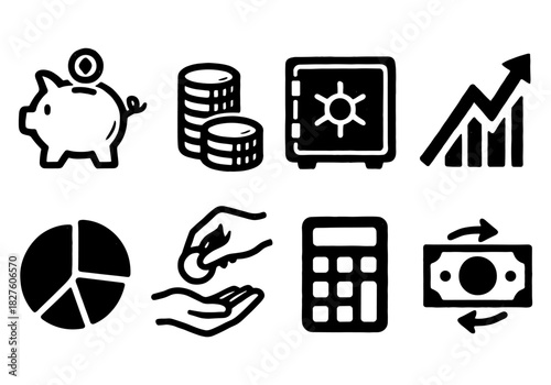 Financial icons: money, savings, and growth in bold black style