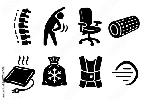 Ergonomic wellness symbols: exercise, office chair, foam roller, and supportive tools