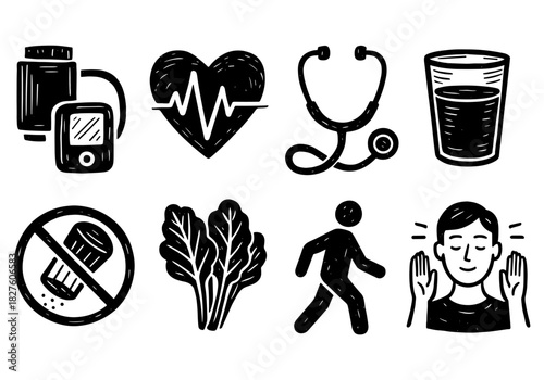 Hand drawn medical and health symbols set in black and white style