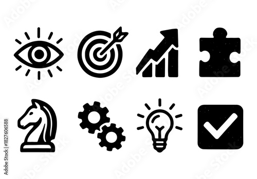 Bold icons for strategy and success: eye, target, growth, puzzle, knight, gears, lightbulb, check