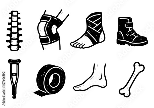 Orthopedic equipment collection: supports, braces, and medical aids in monochrome