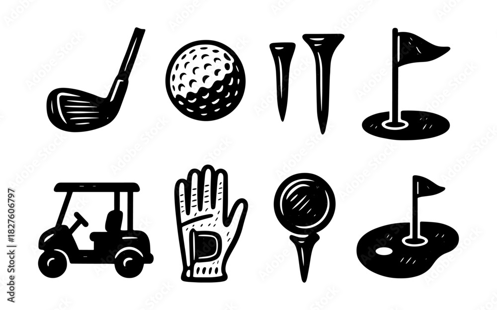 Obraz premium Hand-drawn golf set with clubs, ball, tees, and accessories in black and white