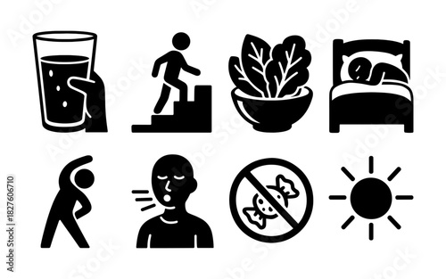 Healthy lifestyle icons set: hydration, exercise, nutrition, rest, and sunshine