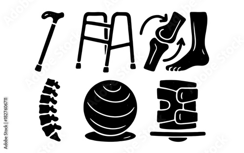 Silhouette icons of mobility aids and physical therapy tools for rehabilitation
