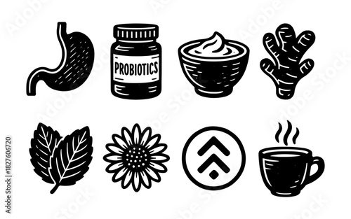 Hand drawn digestive health icons: probiotics, herbal teas, and natural ingredients