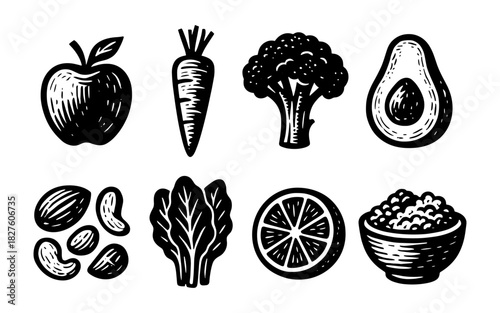 Hand drawn vegetable and fruit icons in vintage style