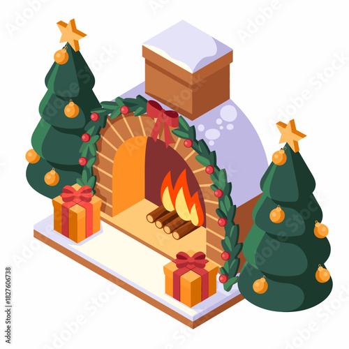 A warm fireplace adorned with green garlands, presents, and Christmas trees, creating a cozy and festive holiday atmosphere perfect for gatherings and celebrations.