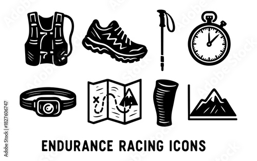 Trail running and endurance gear icons set in black and white design