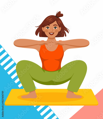 A vibrant image showing a joyful woman performing an exercise routine on a mat, representing health, vitality, and enthusiasm for fitness and an active lifestyle.