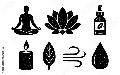 Zen wellness elements: meditation, aromatherapy, natural symbols for relaxation