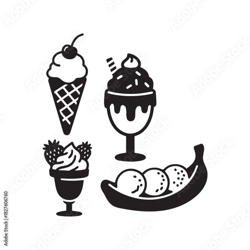 Black and white vector icons of various cold sweet ice cream desserts.