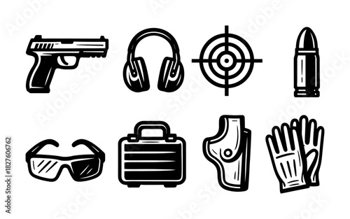 Set of gun icon equipment: pistol, headphones, target, bullet, sunglasses, case, holster, gloves