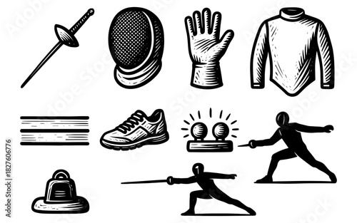 Vintage fencing gear and swordsman in black and white engravings