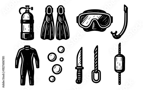 Diving gear assortment: vintage hand-drawn scuba equipment collection