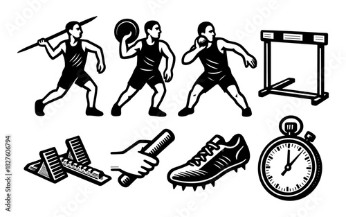 Athletic events silhouette set featuring javelin, shot put, hurdles, relay batons, and track elements