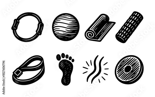 Hand-drawn fitness equipment collection: yoga mat, foam roller, resistance band, pilates ring