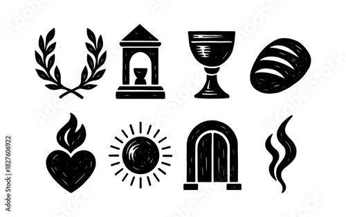 Vintage christian symbols set: chalice, bread, heart, and sun icons