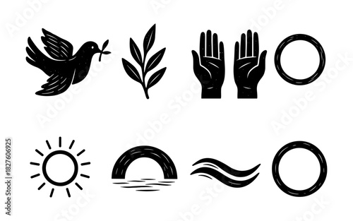 Set of peace and nature icons in hand drawn style featuring dove, hands, and sun