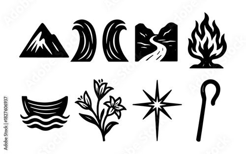 Nature elements icons: mountains, waves, and fire in silhouette style