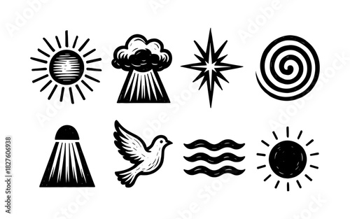 Abstract nature icons: sun, cloud, star, spiral, pyramid, dove, waves in black and white doodle style