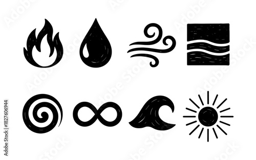 Hand drawn element icons: fire, water, air, earth, spiral, infinity, wave, sun