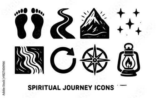 Spiritual journey icon set: nature elements, compass, lantern, footprints, pathway