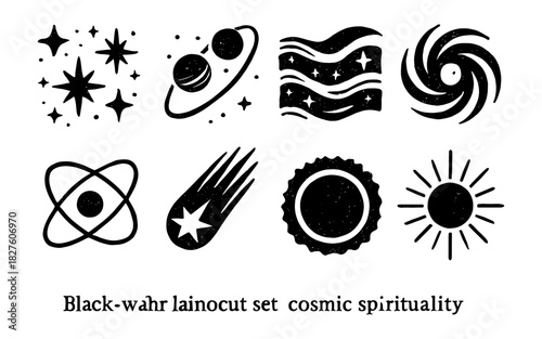 Cosmic icons set featuring retro linocut celestial elements
