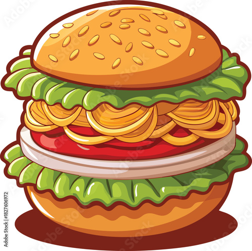 Gourmet ramen burger vector illustration with noodles and fresh lettuce isolated