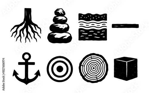 Monochrome nature and geometry icons: roots, stones, and patterns