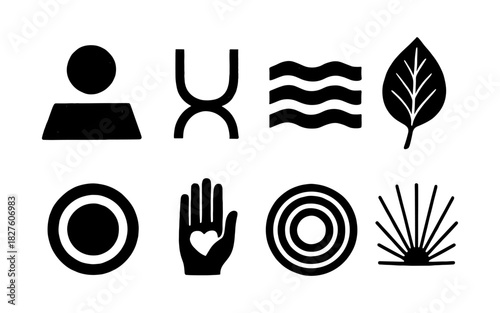 Minimalist abstract symbols: geometric, nature, and spiritual icons in black and white