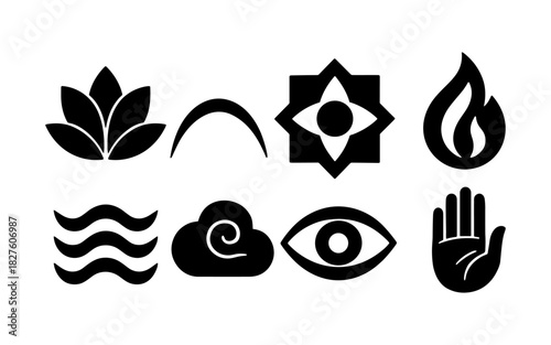 Minimalist black silhouette icons of nature and spiritual symbols