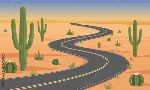 A picturesque winding road through a tranquil desert landscape filled with cacti creates a stunning view, symbolizing adventure and exploration amidst nature's beauty.