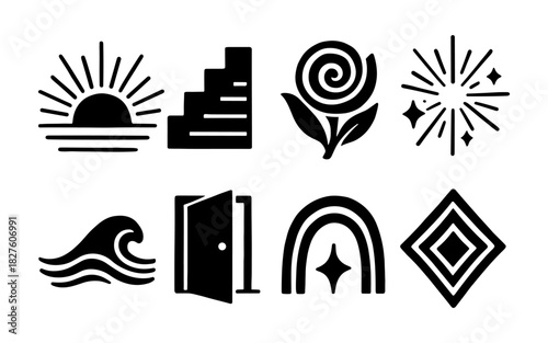 Minimalist symbol set: sun, stairs, flower, fireworks, wave, door, rainbow, diamond