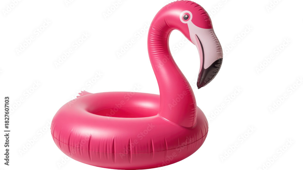 Fototapeta premium A vibrant pink inflatable flamingo pool float, perfect for summer fun, swimming, and tropical party themes. Isolated. background removed
