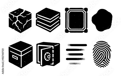 Grunge icons set: textures, security, and shapes in distressed style