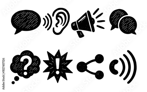 Hand drawn communication icons with speech bubbles and megaphone