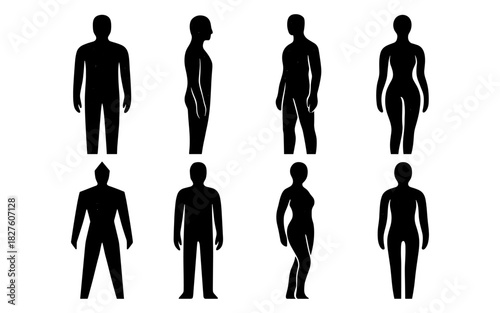 Diverse human silhouette set in various poses on white background