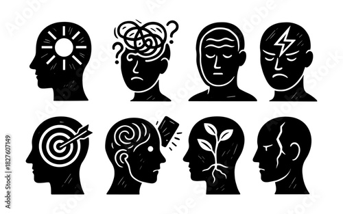 Mental health concepts in black and white silhouette icons