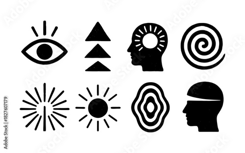 Abstract minimalist symbols: eyes, faces, spirals and more in bold black design