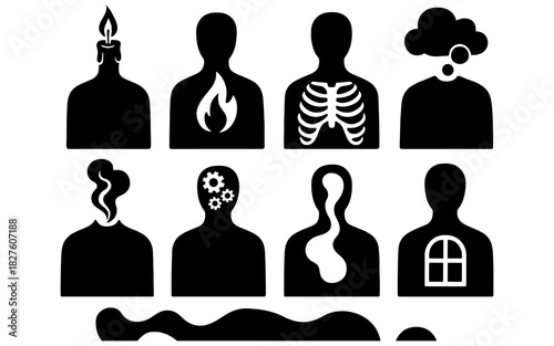 Creative silhouette icons representing concepts and emotions in black and white