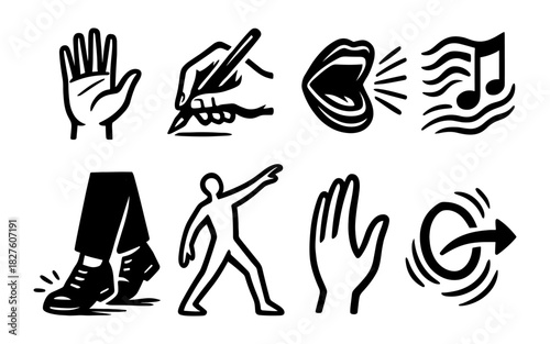 Black and white symbols: hand, writing, music, dance, direction, gesture