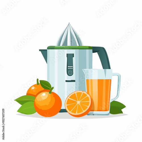 Freshly squeezed orange juice with a juicer and whole oranges.