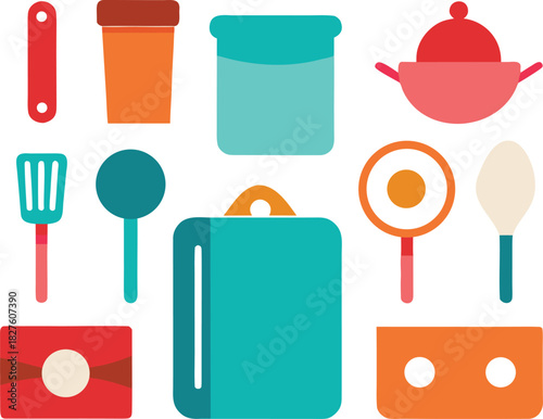 Vector illustration of kitchen cooking utensils and appliances collection scalable eps icon